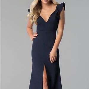 Flutter-Sleeve Long V-Neck Prom Dress